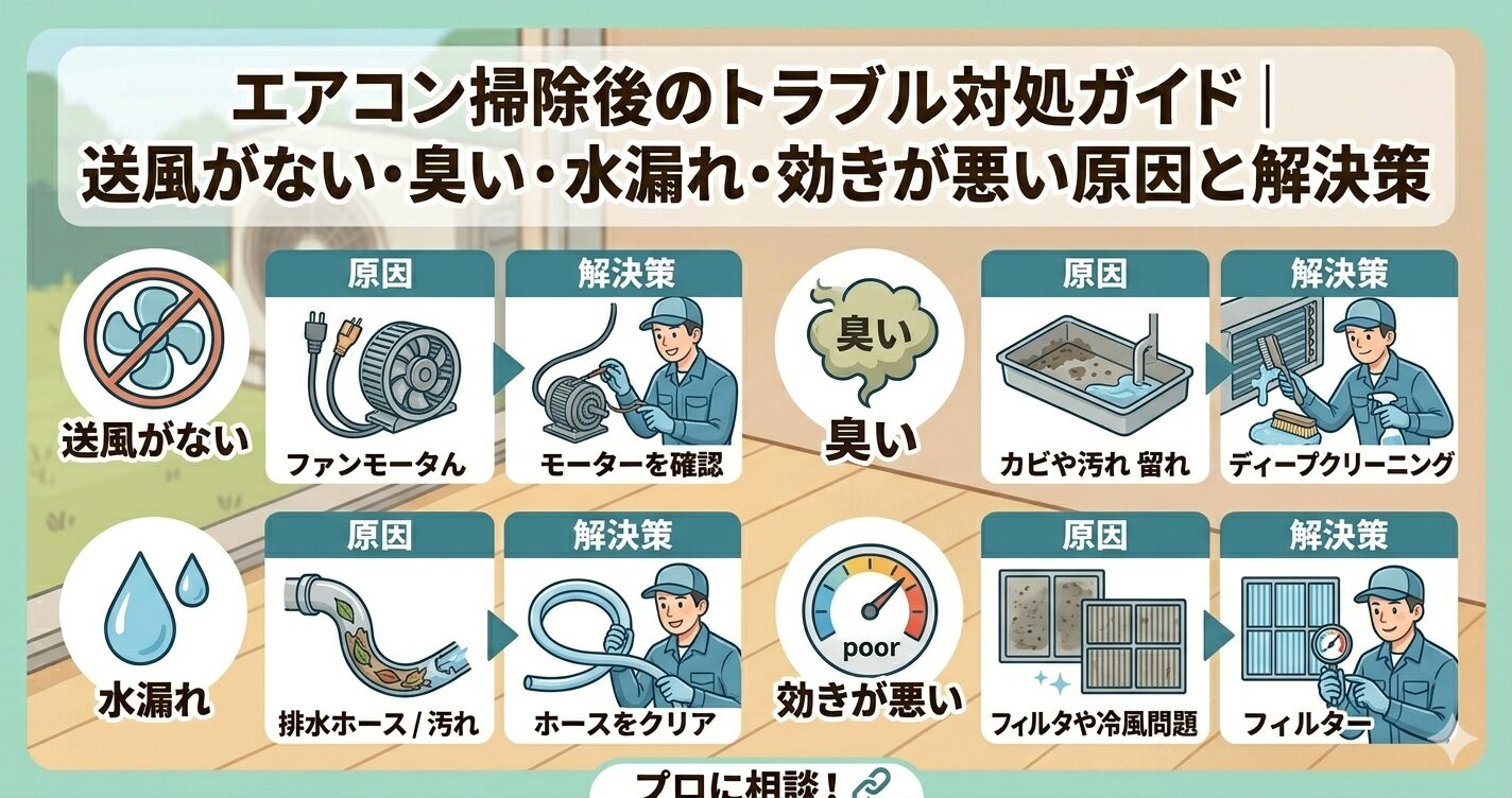 エアコン掃除後のトラブル対処ガイド｜送風がない・臭い・水漏れ・効きが悪い原因と解決策