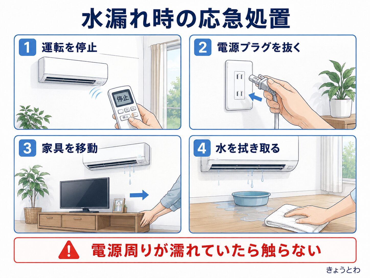 エアコンから水漏れしたときの応急処置4ステップ