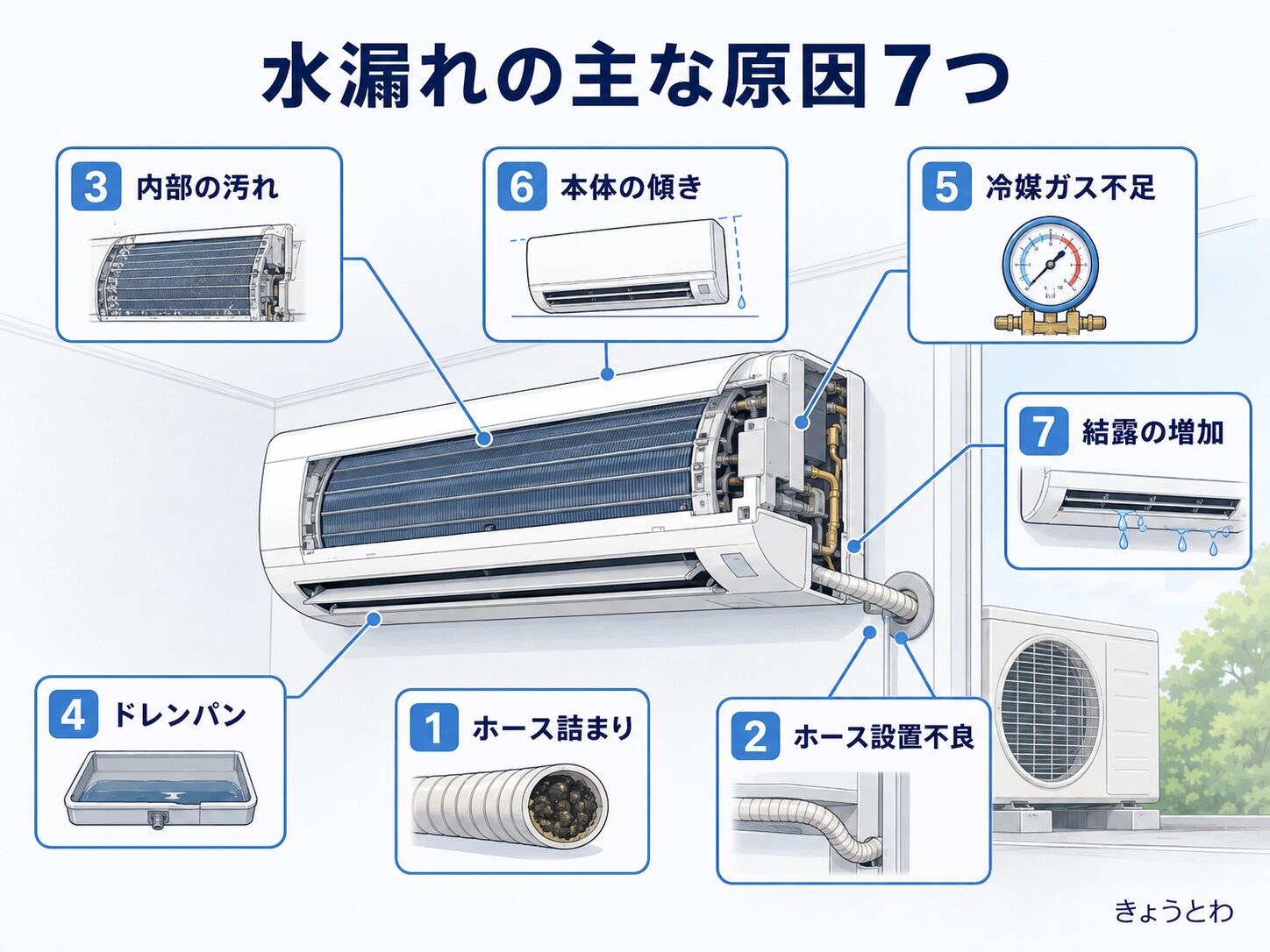 エアコンから室内へ水漏れする主な原因7つの位置図