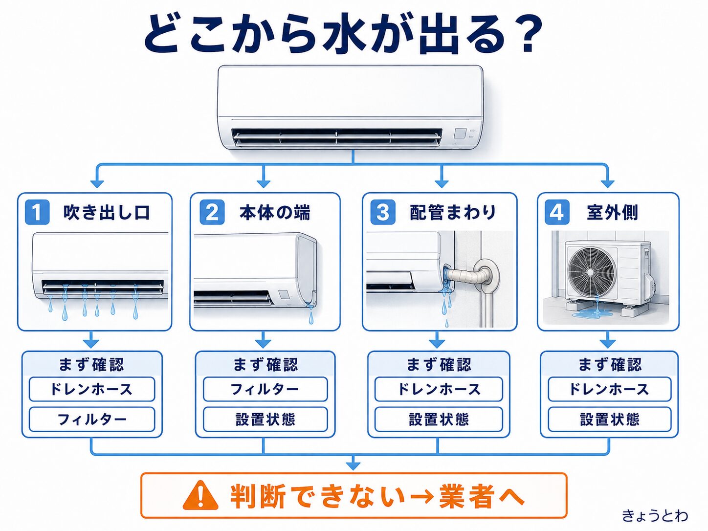 エアコンの水漏れ箇所から確認先を判断する診断フロー